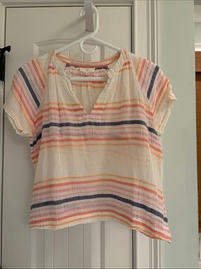 Striped Short-Sleeve V-Neck Cotton Top - White with Pink, Orange & Purpl Stripes